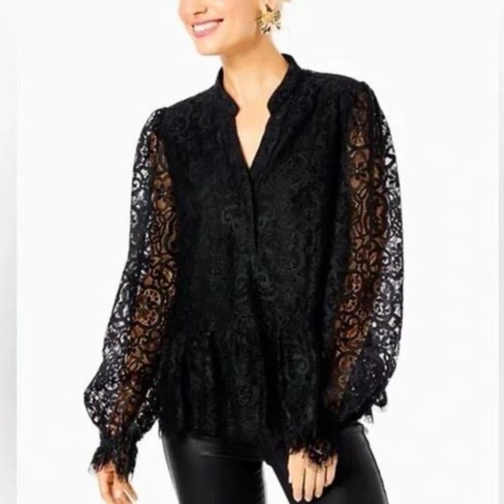 LILLY PULITZER Jacelynne black lace long sleeve blouse top L